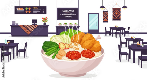 Restaurant illustration showing the indonesian traditional food Nasi Liwet