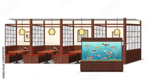 Serene Japanese Restaurant Interior with a Decorative Koi Fish Tank Feature