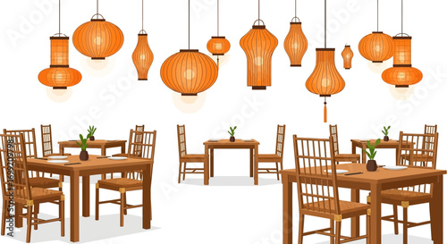 Serene restaurant ambience with traditional lanterns and wooden furniture