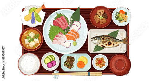 Traditional Japanese meal set beautifully arranged on a serving tray