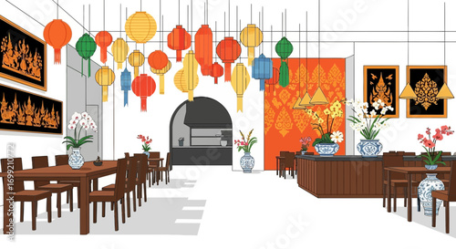 Vibrant Thai Restaurant Interior with Lanterns and Traditional Décor