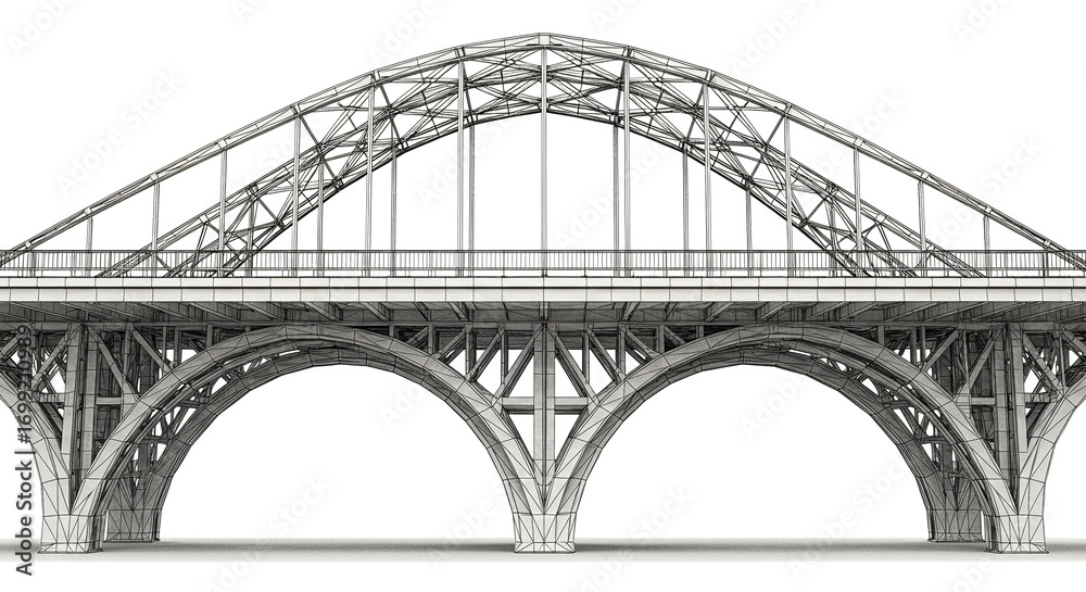 Obraz premium Detailed wireframe rendering of a steel arch bridge against a plain white background showcasing engineering