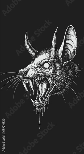 Ferocious horned rat head with dripping saliva and sharp teeth illustration.