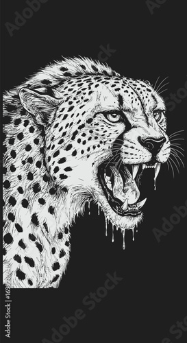Fierce Cheetah Portrait with Open Mouth Showing Sharp Teeth and Drool.