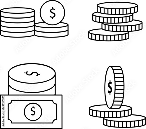 bank coing icon line, vector stack of coins icon, money finance bank symbol sign set, simple Dollar coin line icon finance and banking Vector Image..eps