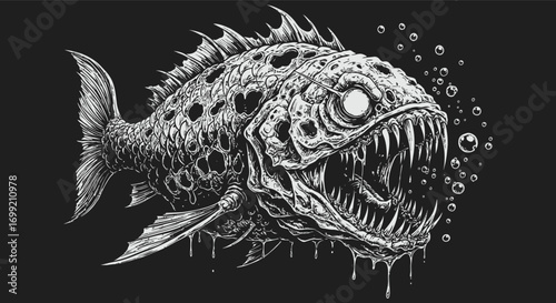 Grotesque Fish with Hollow Eyes and RazorSharp Teeth in a Dark Sea.