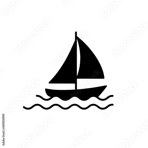 Simple black and white icon of a sailboat on wavy water, a classic nautical design for templates