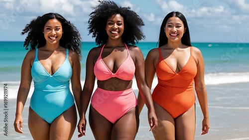 Three women walk along the beach in colorful swimsuits. The scene features a sunny day with clear blue skies and ocean waves in the background.
