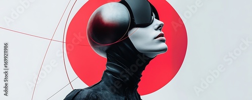 A futuristic woman with headgear and visor against a red circle and thin red lines art
