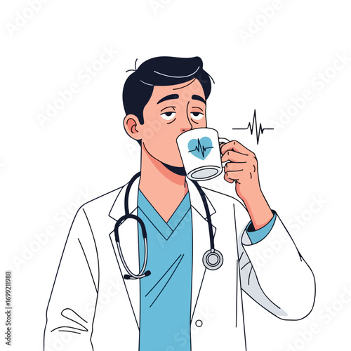 Exhausted male doctor in a white coat drinking from a coffee mug.