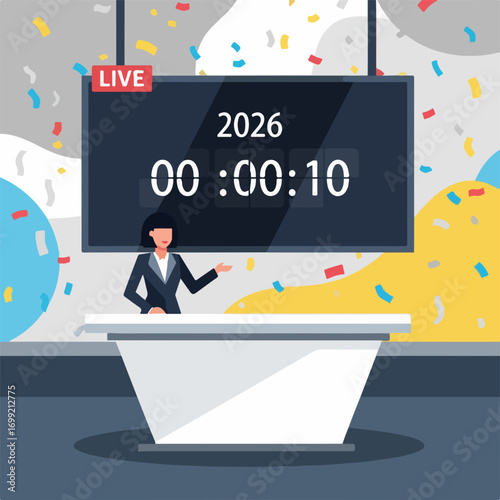Female presenter hosting a live countdown to the year 2026.
