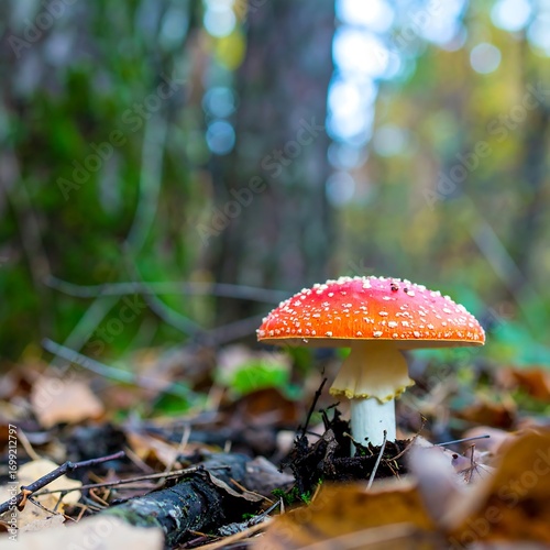 Poisonous mushroom in forest floor