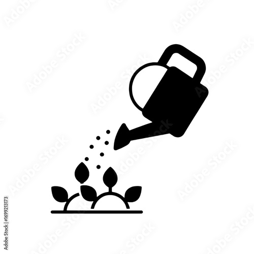 A simple watering can icon nourishing new plant sprouts, symbolizing growth and gardening care