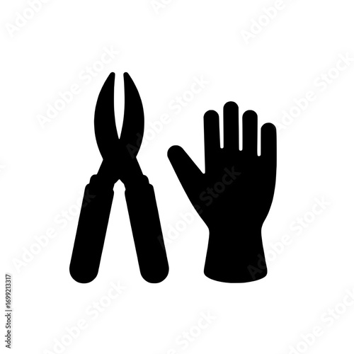 Gardening tools silhouette icon with pruning shears and a protective work glove for landscaping and horticulture