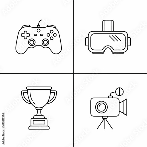 Gaming and eSports Line Icon Set with Controller and VR Headset.