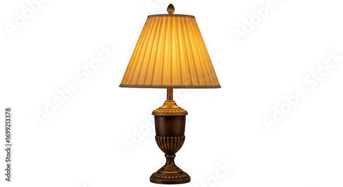 Elegant table lamp with a pleated shade and ornate base, isolated on transparent background