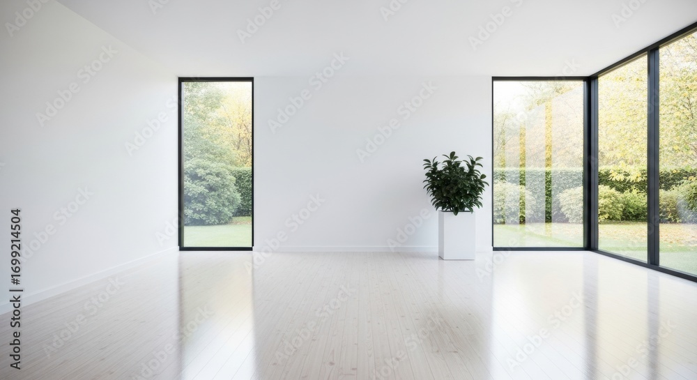 Fototapeta premium Minimalist Interior with Black Framed Windows and Potted Plant, Bright and Clean