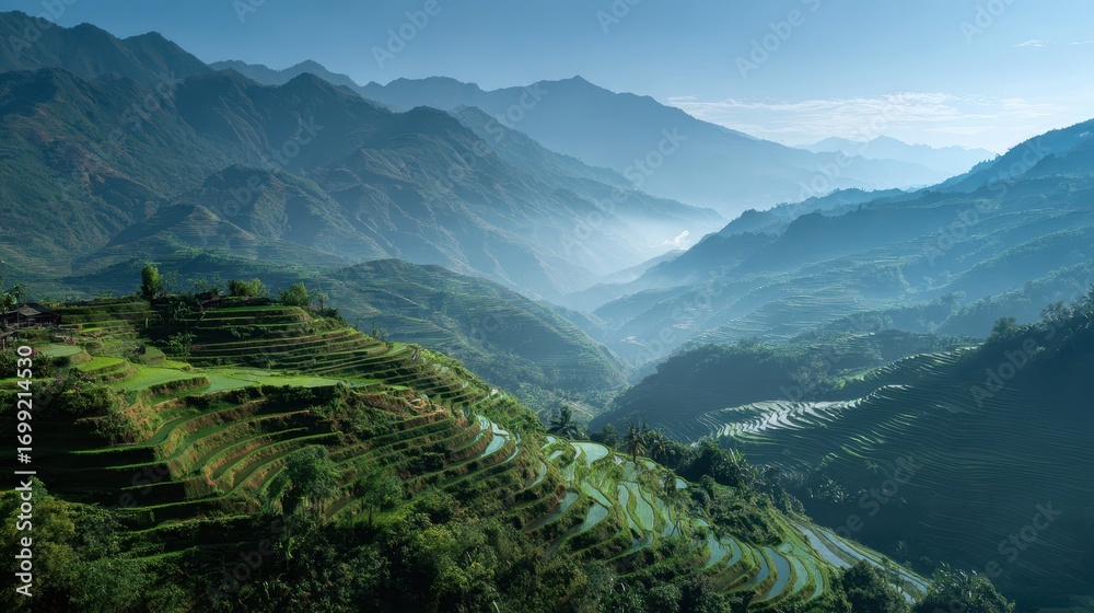 Fototapeta premium Lush Green Terraced Rice Fields in Misty Mountain Valley.
