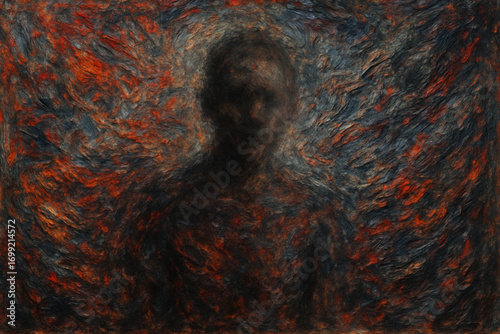 Human Figure in Emotional Chaos Painting with Dense Texture and Depth, Symbolizing Prejudice and Social Commentary