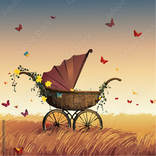  a vintage doll’s pram abandoned in a windswept meadow.