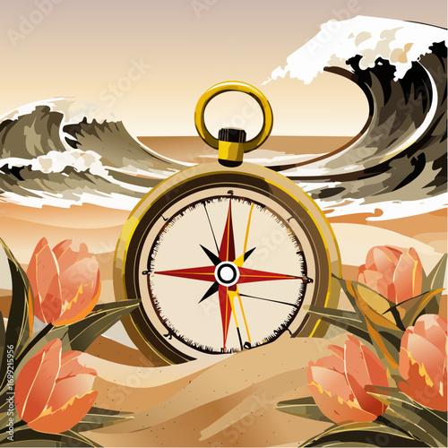  an old brass compass half-buried in beach sand