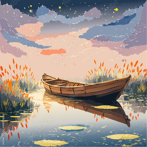 an old wooden rowboat drifting in still glassy water
