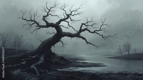 Lonely leafless tree with twisted branches standing near foggy water on dark winter landscape, mysterious eerie atmosphere with dramatic mood for backdrop wallpaper design