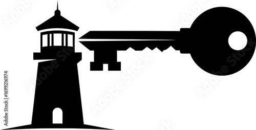 A creative logo design combining a lighthouse silhouette with a large key unlocking its beacon.