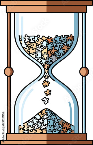 An hourglass measures the passage of time with falling jigsaw puzzle pieces instead of sand, symbolizing complexity and problem-solving.