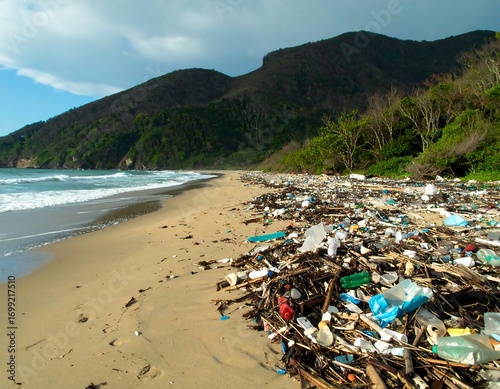 Polluted beach scene with plastic waste