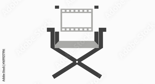 A minimalist grayscale icon of a director's chair with a film strip for the backrest, symbolizing cinema and filmmaking.