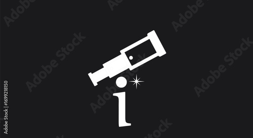 A minimalist white logo combining a telescope with the letter 'i', symbolizing vision, discovery, and information on a black background.