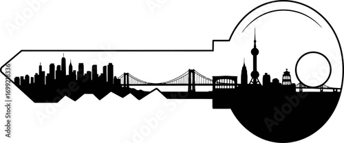 A black and white silhouette of a key with the Shanghai city skyline, including the Oriental Pearl Tower, forming its shape.