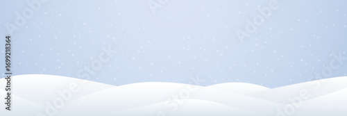 Winter snow background. Christmas snowy landscape with soft hills and falling snow on blue sky. Frosty snowdrifts and snowflakes. Seasonal texture for New Year card or sale. Vector Illustration.