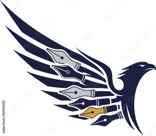 A stylized dark blue eagle with its wing creatively formed from multiple fountain pen nibs.