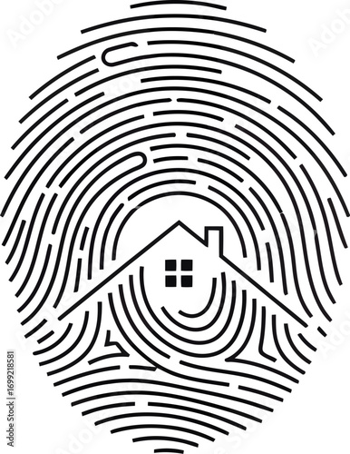 A conceptual line art graphic of a house silhouette seamlessly integrated into the unique pattern of a human fingerprint.