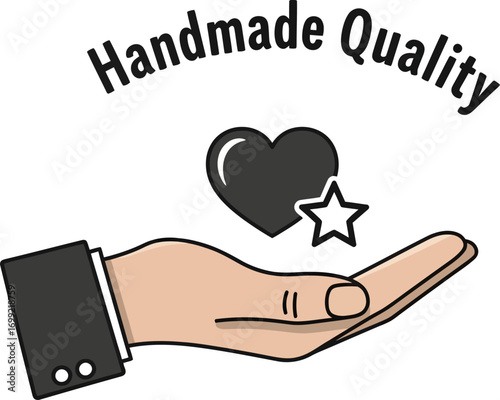 A graphic illustration of a hand offering a heart and star, representing handmade quality and customer satisfaction.