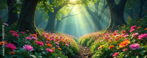 Enchanted floral forest scene, vibrant blooms carpet the forest floor, sunlight dappling through leaves, creating a magical atmosphere Lush vegetation, mystical ambiance , tranquil, blossoms, ecology