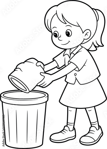 Little girl putting garbage in bin, learning responsibility, waste disposal awareness, eco-friendly habits for kids, outline drawing for coloring page