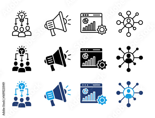 Marketing and Communication Icon Set. Containing Idea Sharing, Promotion, Analytics, and Network Icons Collection.