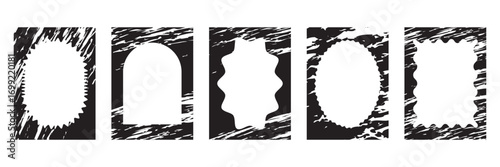 Black grunge frames with cutout shapes. Distressed rectangular frames  with various inner cutout shapes, ideal for creative backgrounds or retro design. Crayon drawn fun scallop border frame.