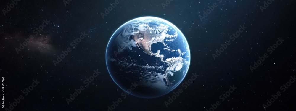 Fototapeta premium Planet Earth from space surrounded by stars and cosmic clouds, highlighting American continent and Earth atmosphere, symbol of global awareness and scientific progress.