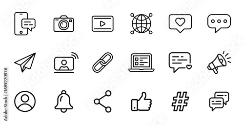 Social media icon set in line style. Chat, like, share, camera, video, notification, profile, communication, collection. Vector illustration.