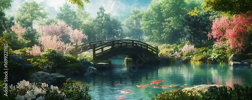 Panel kuchenny z motywem A serene japanese garden with a wooden bridge over a pond filled with koi fish and lush greenery