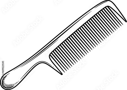 Black and white detailed illustration of plastic hair comb with handle, grooming tool for detangling hair, personal care accessory, close-up line art drawing.