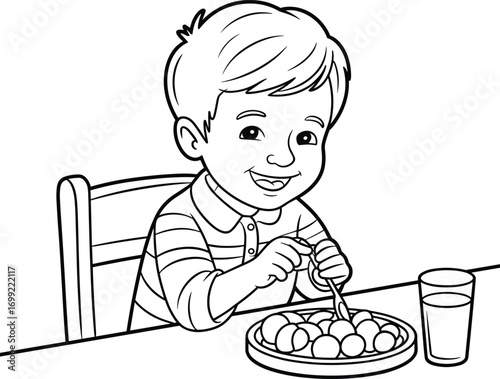Happy child eating healthy meal, smiling kid at dining table with food and drink, fun mealtime, cartoon line art illustration.