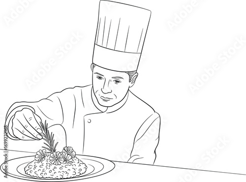 Chef garnishing dish with herbs, professional cook in uniform preparing fine cuisine, culinary presentation, gourmet plating, food art illustration, line drawing.