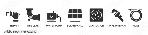 Smart Repair Solutions Icons set vector illustration glyph with  Repair, Pipe leak, Water pump, Solar panel, Ventilation, Pipe wrench, Hose