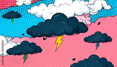 Pop art cloudscape with vibrant colors and comic book style
