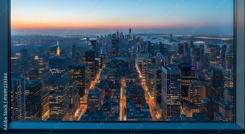Fototapeta premium Panoramic City Skyline at Dusk through a Window